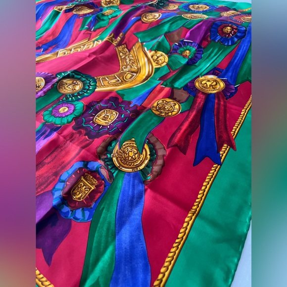 CELINE EQUESTRIAN COCKADES GREEN SILK SCARF - Vintage - Picture 4 of 7